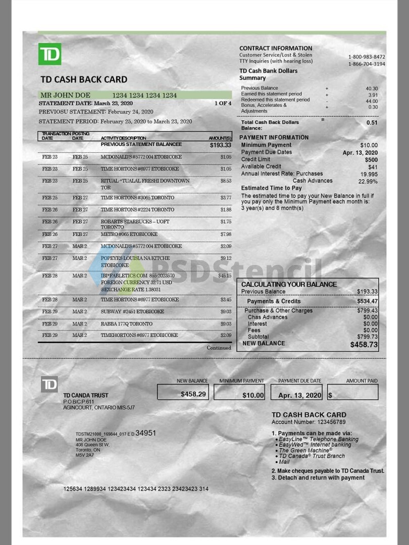 北美|美国|加拿大 TD Bank Statement银行账单/KYC地址证明word模板 | 九流网络-九流网络