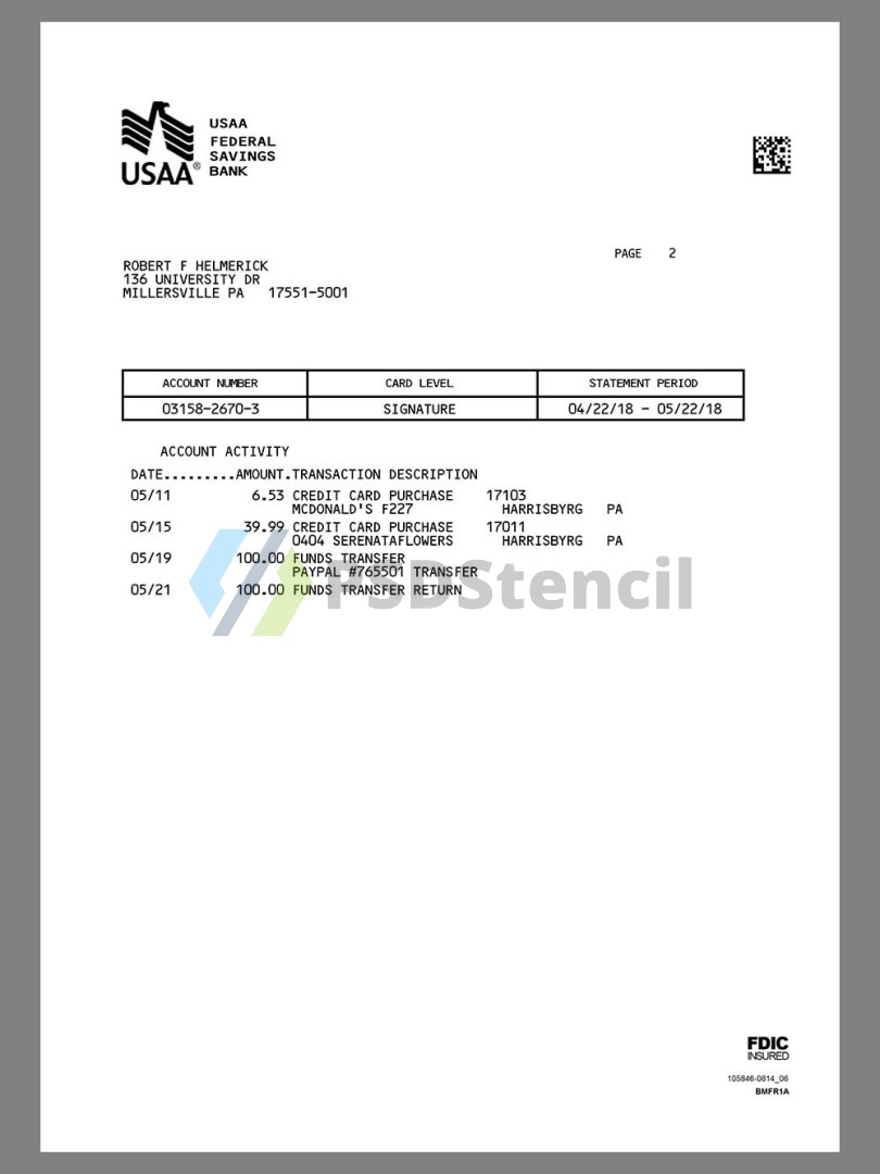 北美|美国USAA Federal Savings Bank Statement银行账单/KYC地址证明psd模板 | 九流网络-九流网络