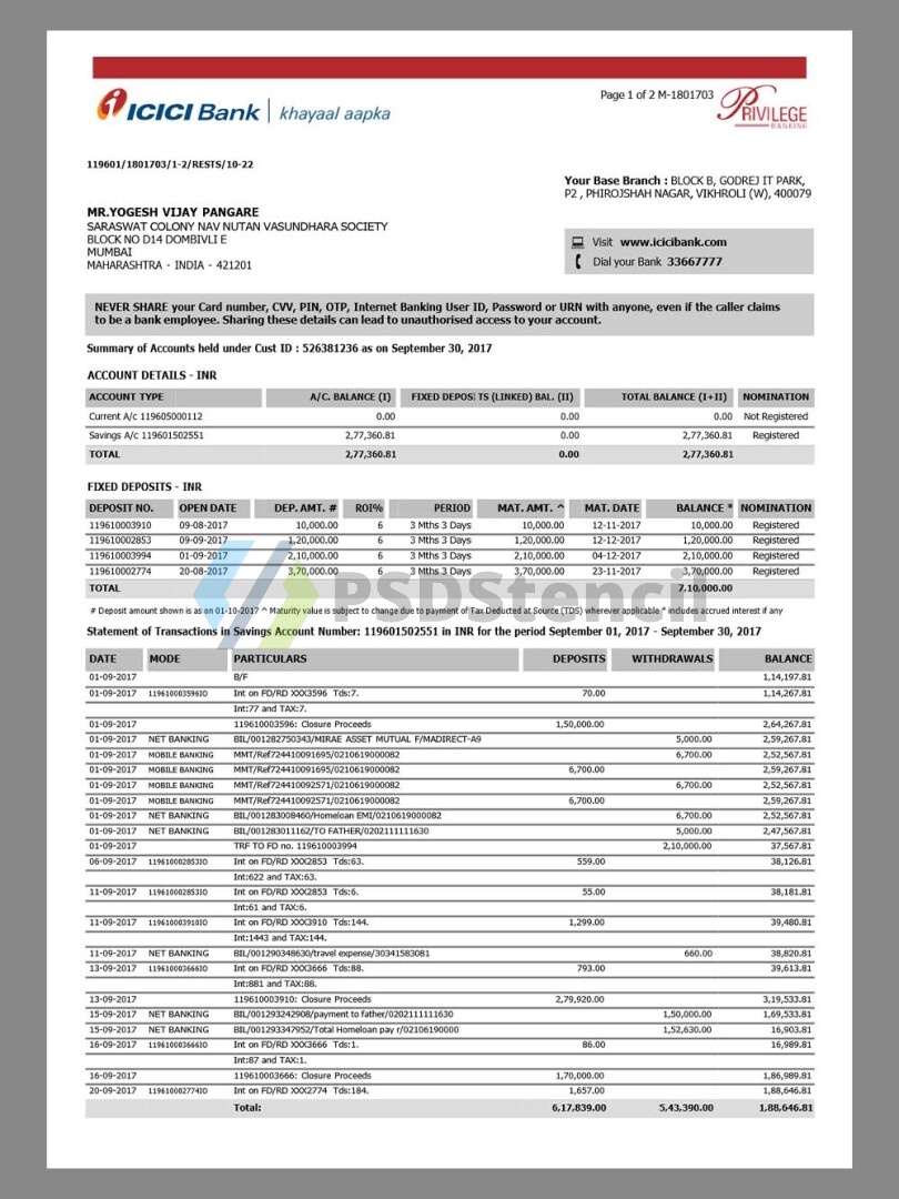 南亚|印度India ICICI Bank Statement银行账单/KYC地址证明word/pdf模板 | 九流网络-九流网络