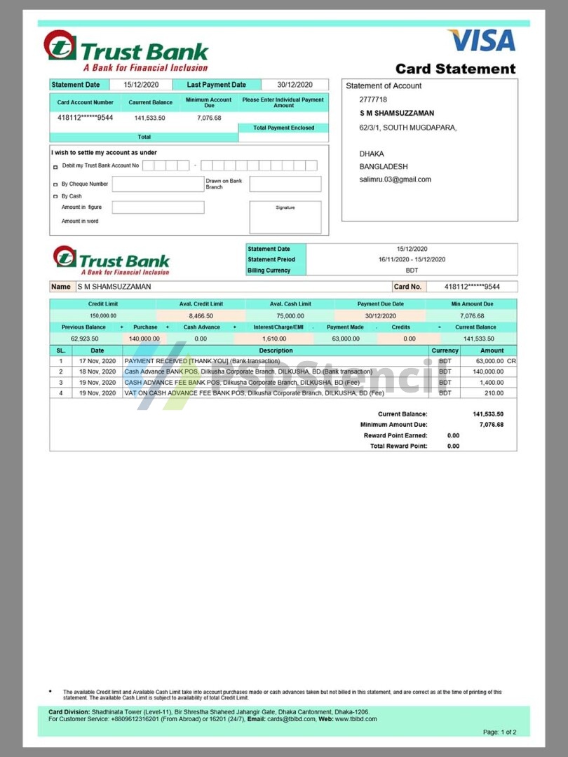 南亚|孟加拉 Bangladesh Trust Bank Statement银行账单/KYC地址证明word/pdf模板-九流网络
