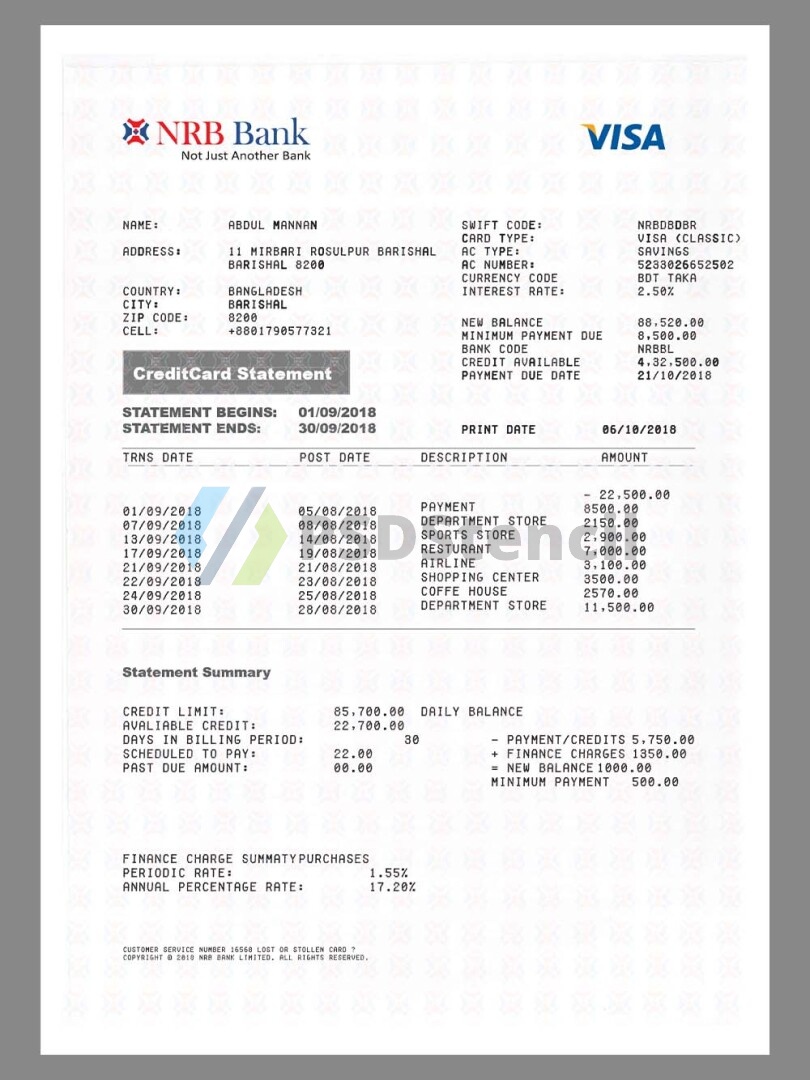 南亚|孟加拉Bangladesh NRB Bank Visa Credit Card 银行信用卡账单/KYC地址证明pdf模板-九流网络