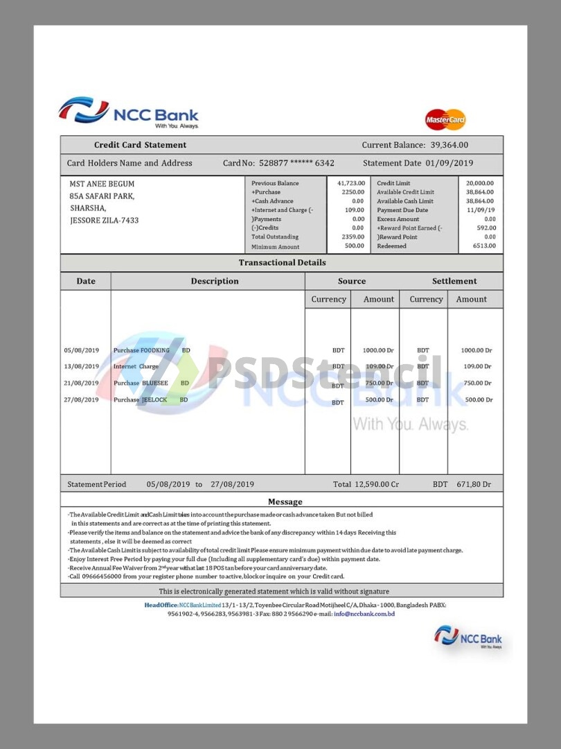 孟加拉Bangladesh NCC BANK Statement银行账单/KYC地址证明word模板-九流网络