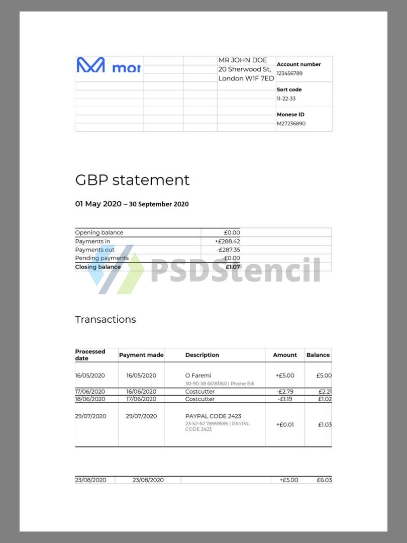 欧洲|英国Monese Bank Statement银行账单/KYC地址证明word模板 | 九流网络-九流网络