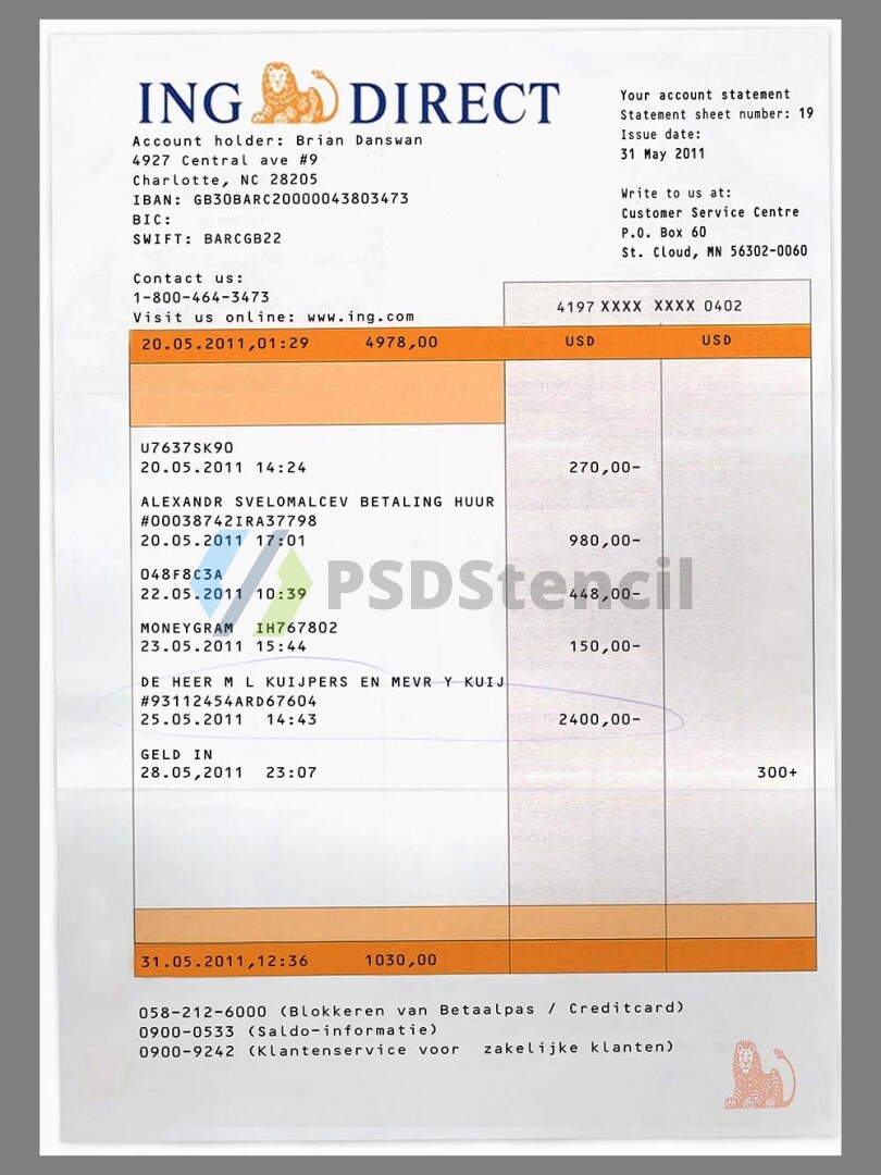 欧洲|ING Direct Bank Statement银行账单/KYC地址证明PSD模板 | 九流网络-九流网络