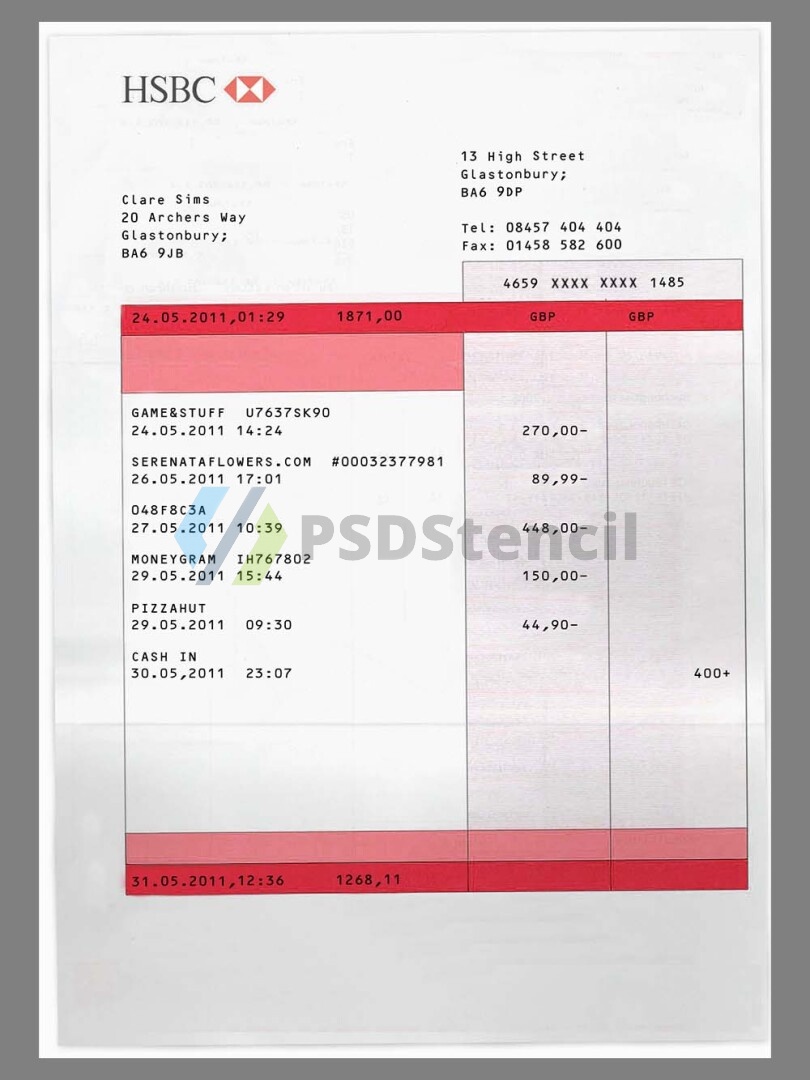 汇丰HSBC Bank Statement银行账单/KYC地址证明psd模板 V1-九流网络
