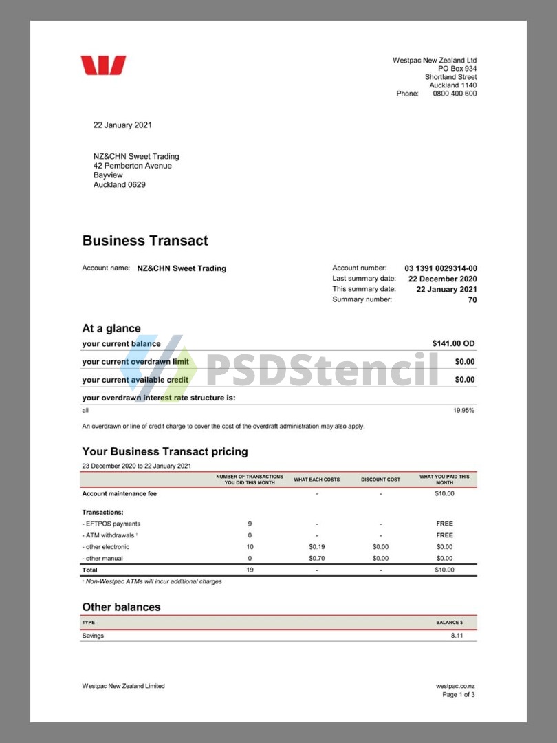 澳大利亚|新西兰New Zealand Westpac Bank Statement银行账单/KYC地址证明pdf模板 | 九流网络-九流网络
