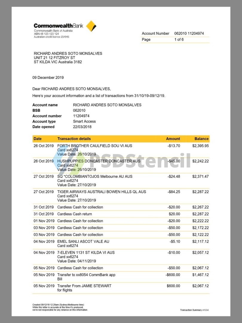 澳大利亚联邦银行Commonwealth Bank Statement V2银行账单/KYC地址证明word/pdf模板-九流网络