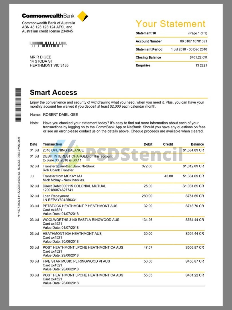 澳大利亚Commonwealth Bank Statement银行账单/KYC地址证明word模板-九流网络