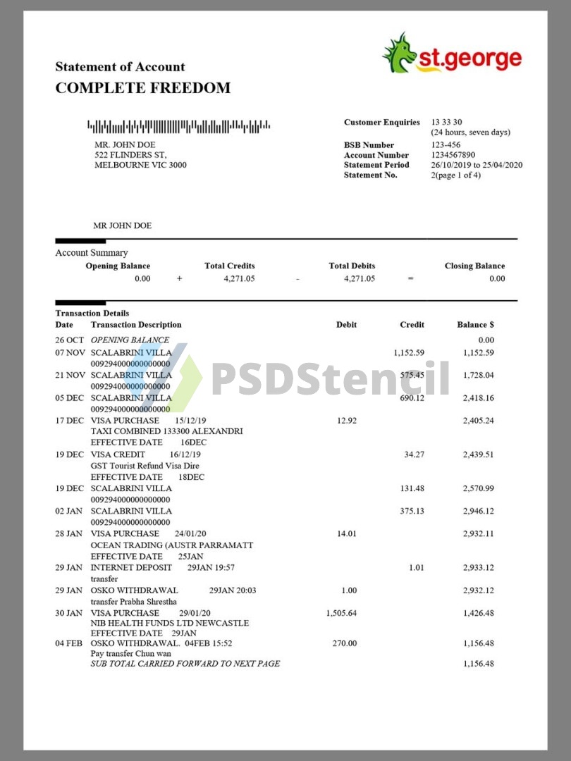 澳大利亚St George Bank Statement银行账单/KYC地址证明word模板 | 九流网络-九流网络