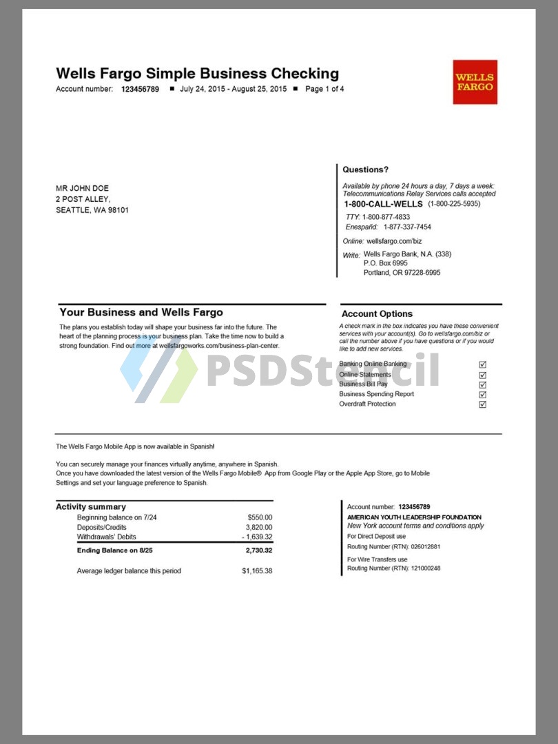 美国富国银行Wells Fargo Bank Statement银行账单/KYC地址证明word模板 | 九流网络-九流网络