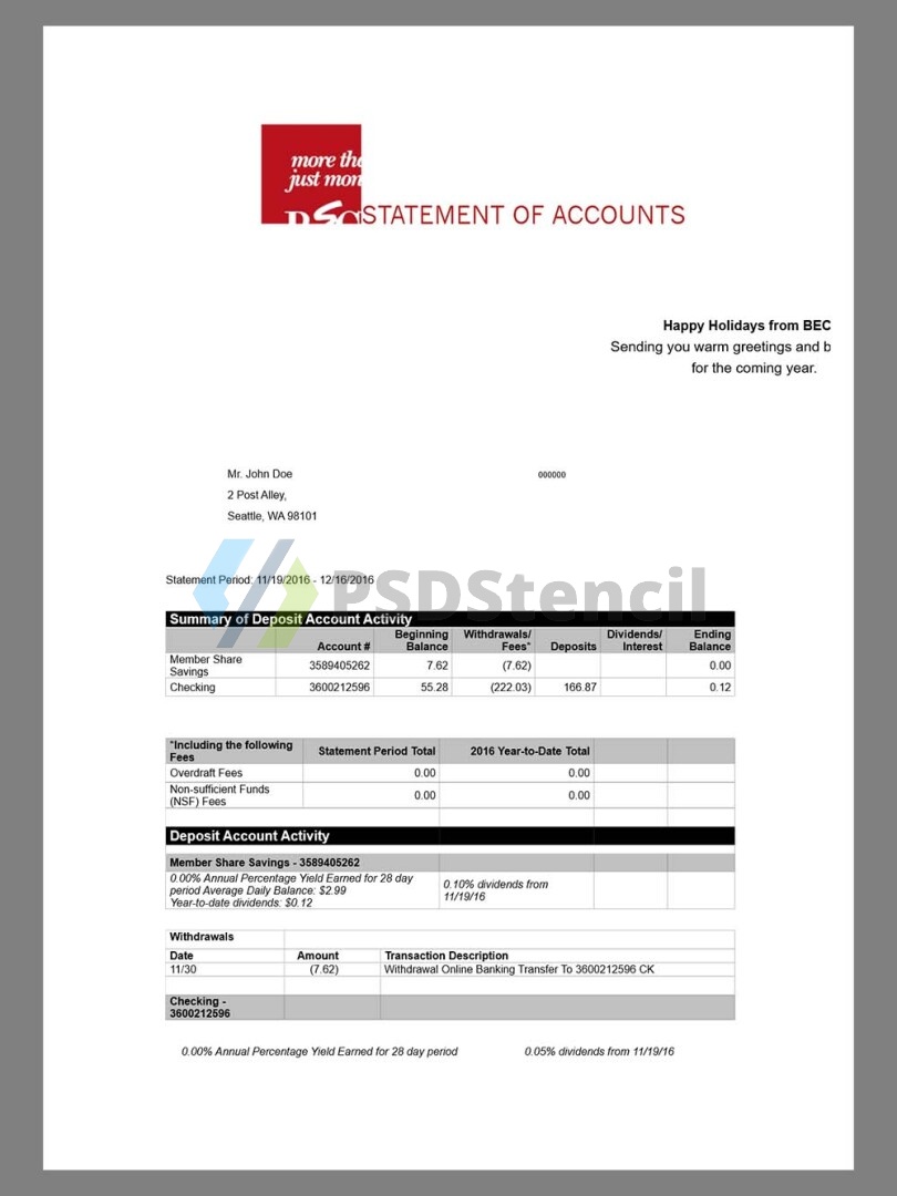 美国BECU Bank Statement银行账单/KYC地址证明word模板 | 九流网络-九流网络