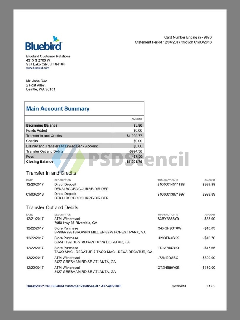 美国BlueBird Bank Statement银行账单/KYC地址证明word模板 | 九流网络-九流网络