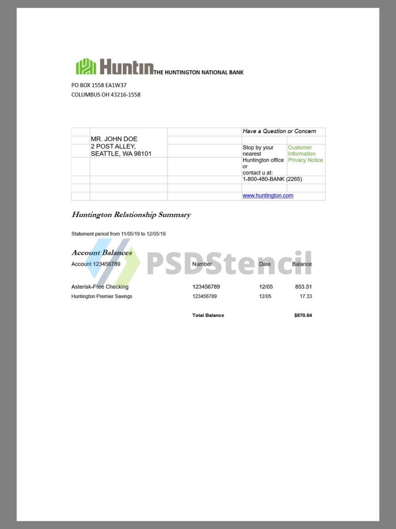 美国Huntington Bank Statement银行账单/KYC地址证明word模板 | 九流网络-九流网络