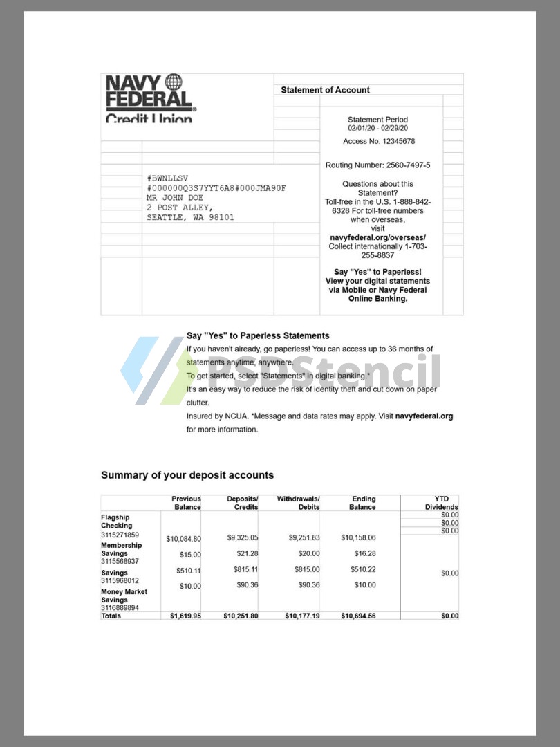 美国Navy Federal Bank Statement银行账单/KYC地址证明word模板 V1 | 九流网络-九流网络