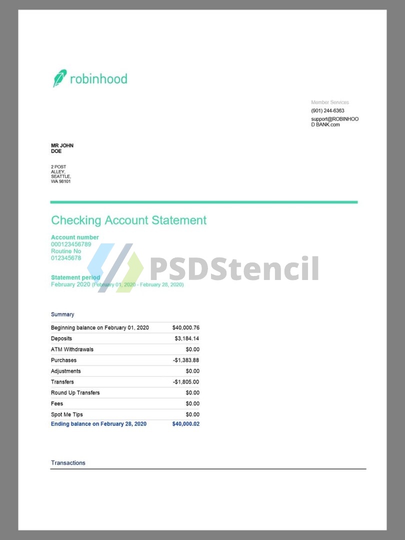 美国Robinhood Bank Statement银行账单/KYC地址证明word模板 | 九流网络-九流网络