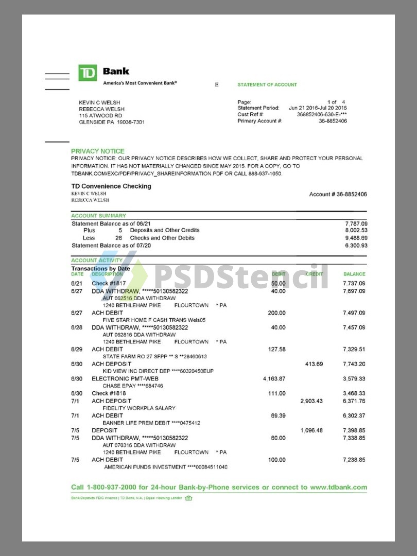 美国TD Bank Statement银行账单/KYC地址证明pdf模板 | 九流网络-九流网络