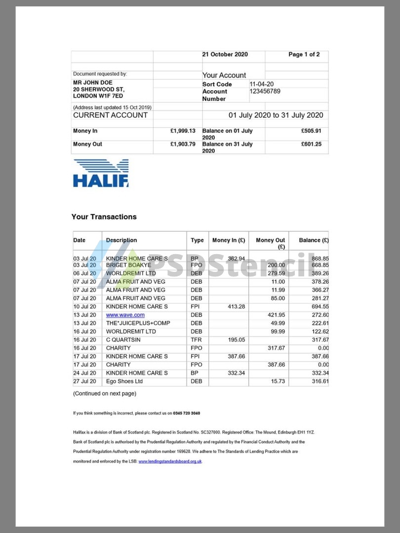 英国Halifax Bank Statement银行账单/KYC地址证明word模板 | 九流网络-九流网络