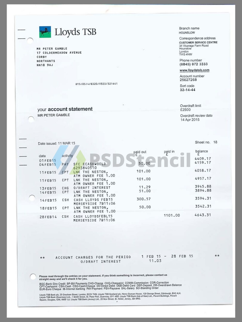 英国Lloyds TSB Bank Statement银行账单/KYC地址证明psd模板 | 九流网络-九流网络