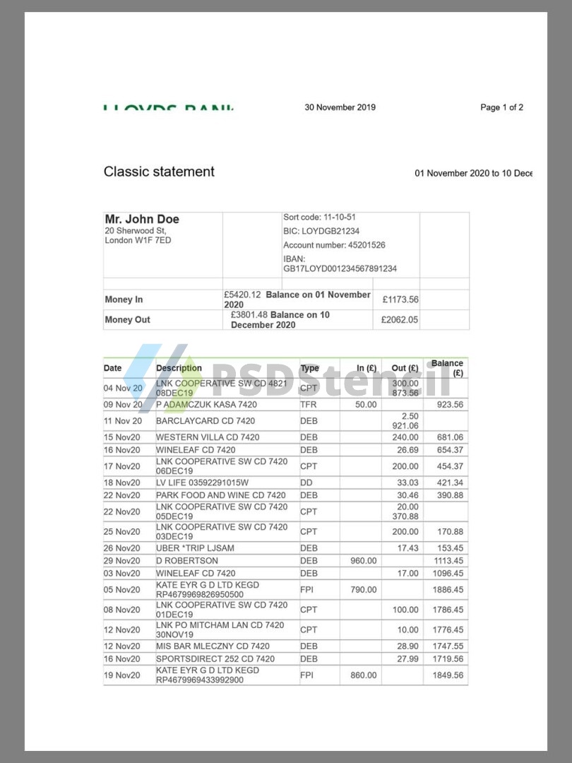英国UK|USA Lloyds Bank Statement银行账单/KYC地址证明word模板 | 九流网络-九流网络