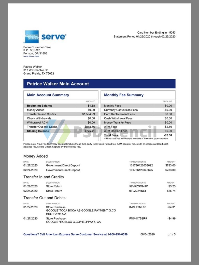 American Express Account Summary Statement银行账单/KYC地址证明pdf模板-九流网络