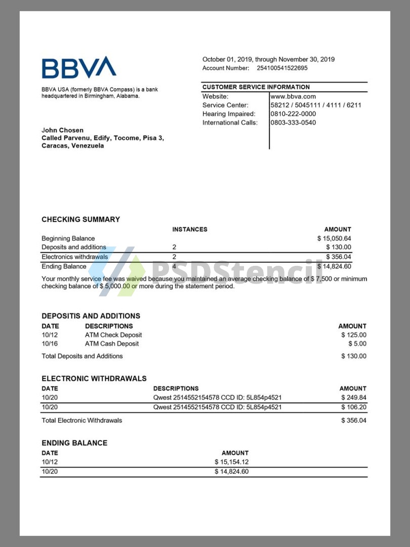BBAV Bank Statement银行账单/KYC地址证明word模板 | 九流网络-九流网络