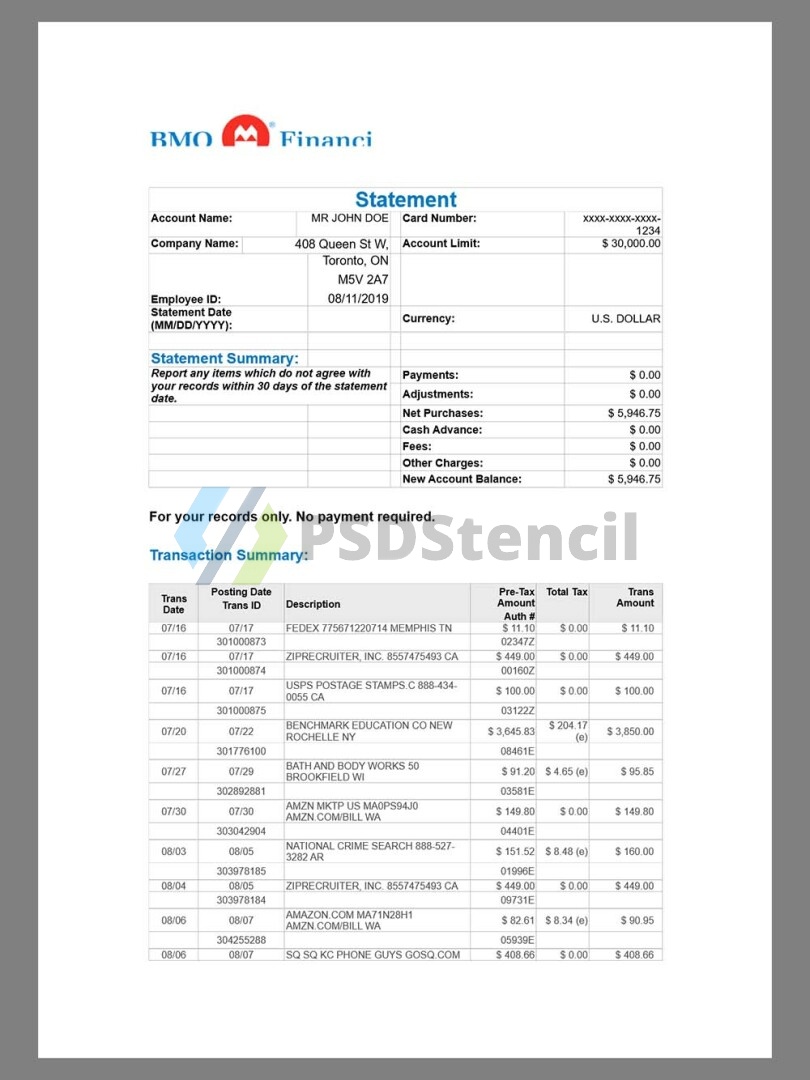 BMO Bank Statement银行账单/KYC地址证明word模板 | 九流网络-九流网络