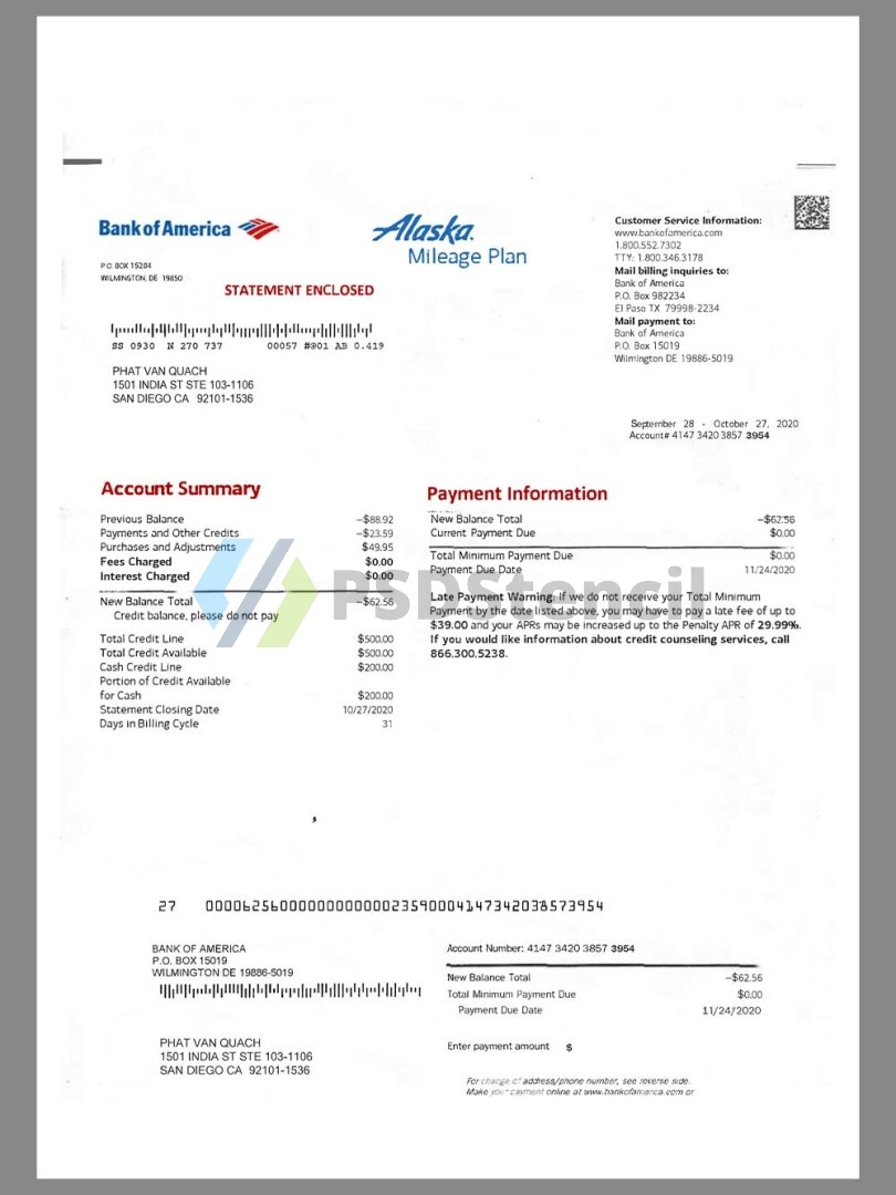 Bank Of America Statement V2美国银行账单/KYC地址证明pdf模板-九流网络