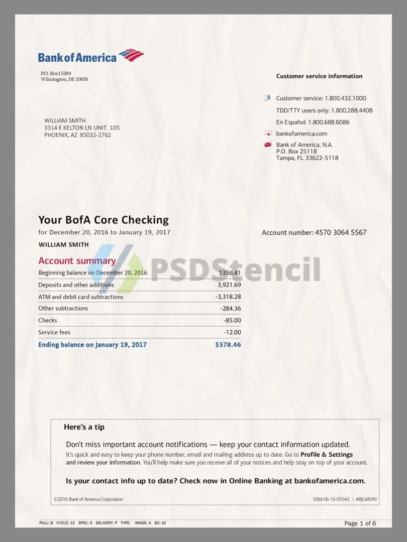 Bank Of America Statement V3美国银行账单/KYC地址证明psd模板-九流网络