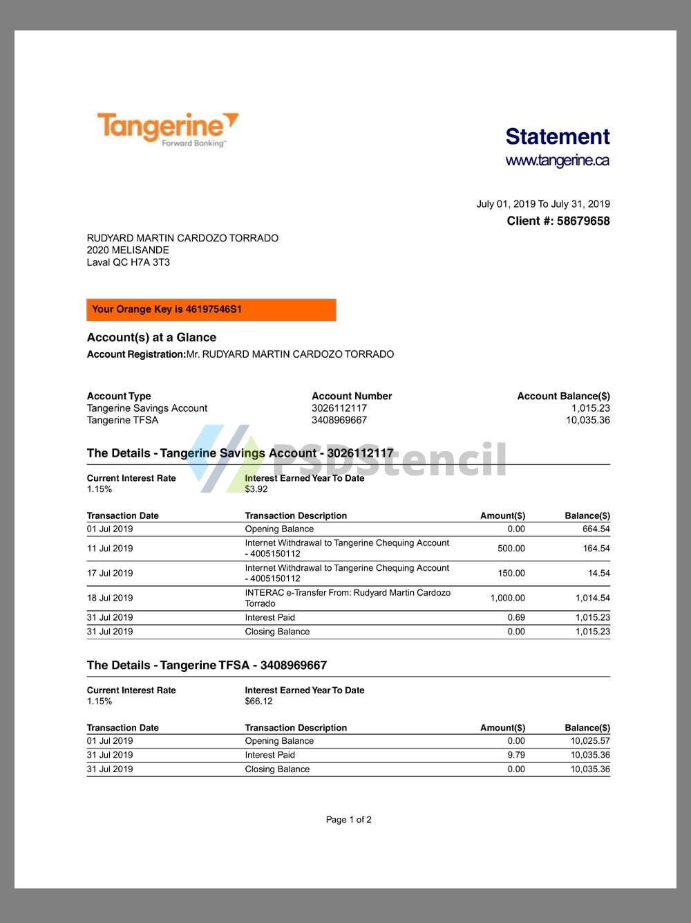 Canada Tangerine Bank Statement加拿大橘子银行账单pdf/word模板-九流网络