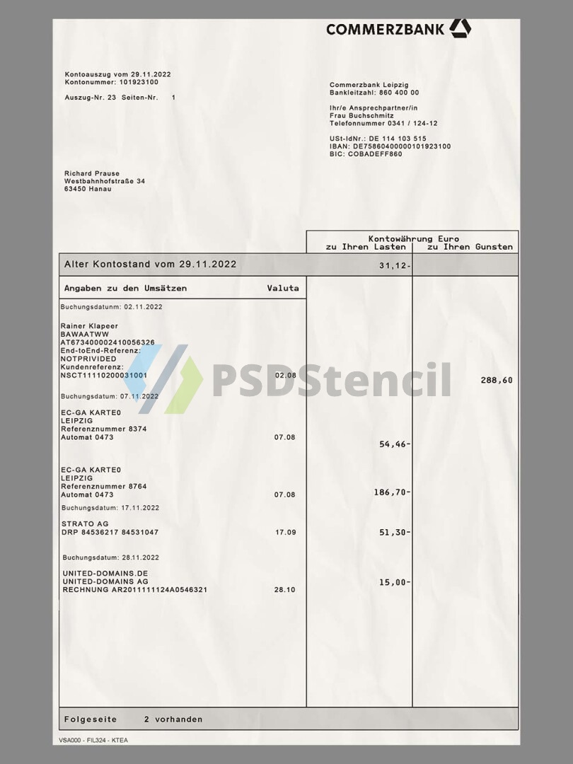CommerzBank Statement德国商业银行账单/KYC地址证明psd/ps模板-九流网络