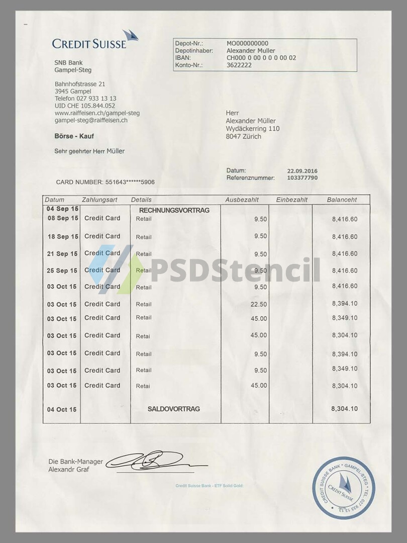 Credit Suisse Bank Statement瑞士信贷银行账单/KYC地址证明psd模板-九流网络