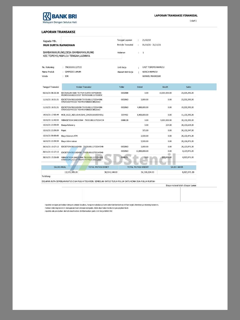 Indonesia BRI Bank Statement印度尼西亚银行账单word模板 | 九流网络-九流网络