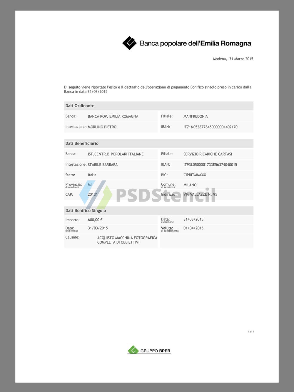 Italy BPER Statement意大利银行账单/KYC地址证明pdf模板-九流网络
