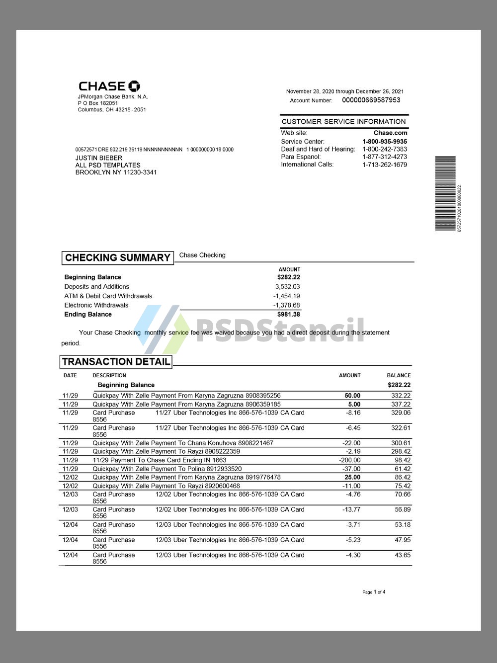 JPMorgan Chase Bank Statement摩根大通银行账单pdf模板-九流网络