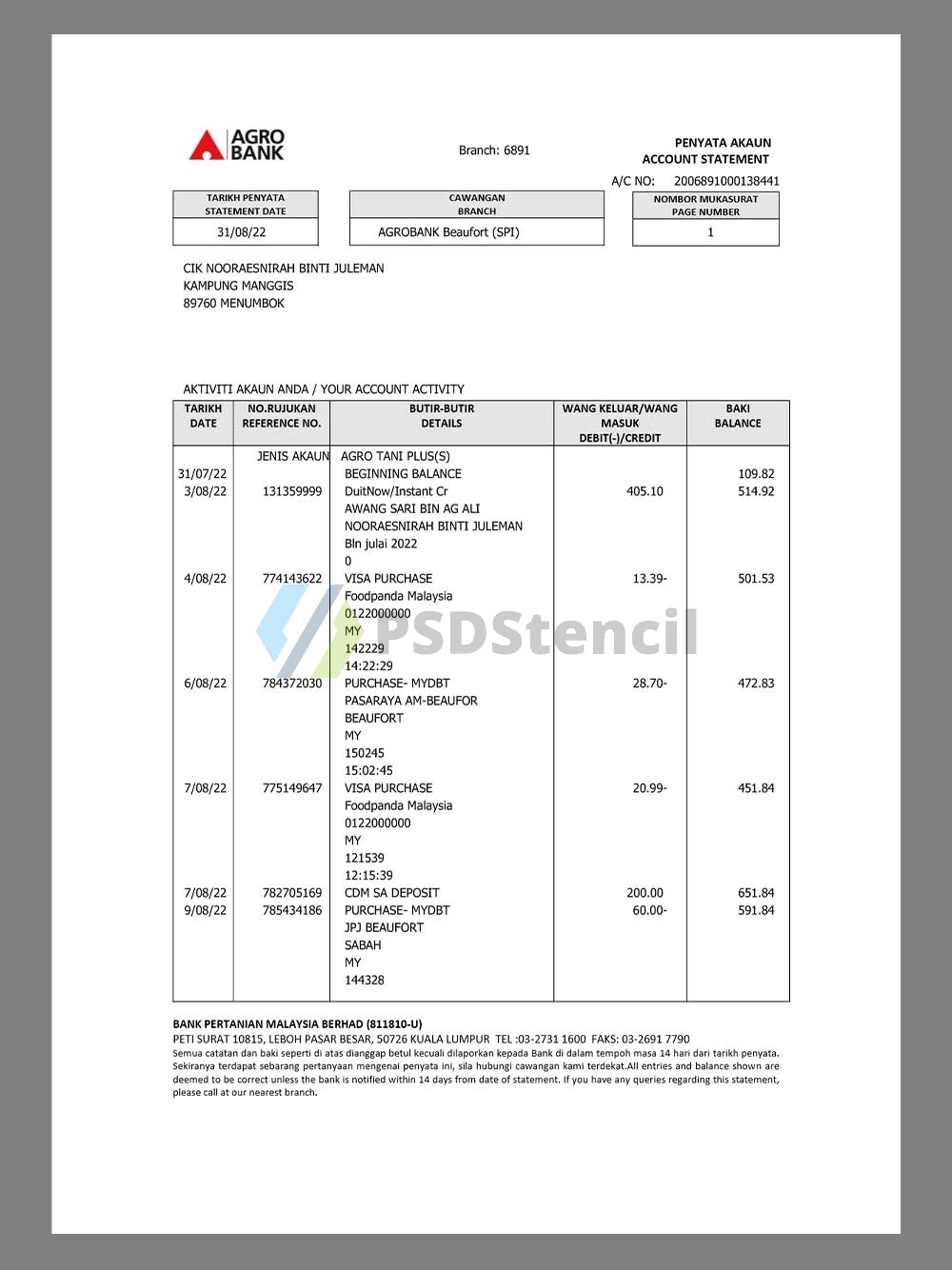 Malaysia AGRO Bank Statement马来西亚农业银行账单pdf模板-九流网络