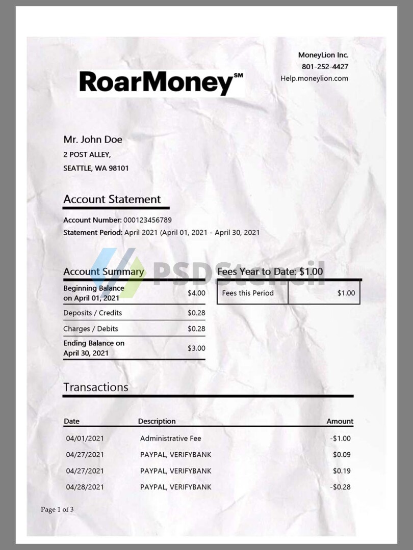 MoneyLion Bank Statement银行账单/KYC地址证明word模板 | 九流网络-九流网络