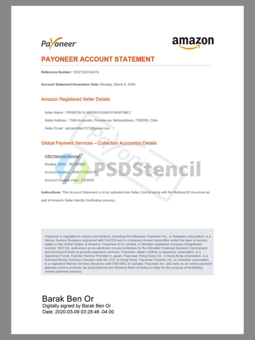 Payoneer account Statement派安盈注册Amazon账单/KYC地址证明pdf模板-九流网络