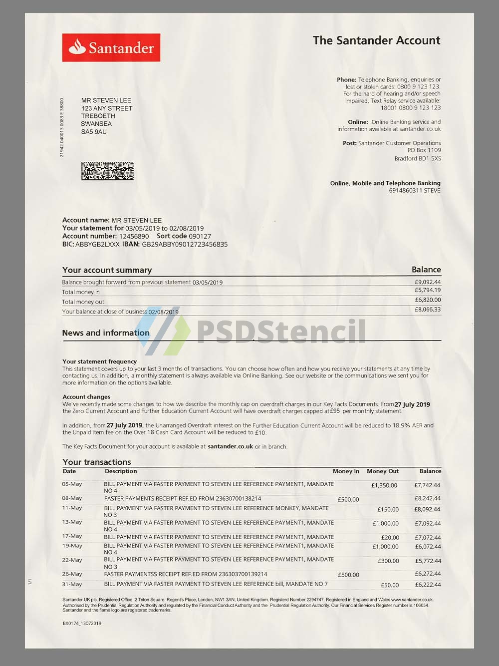 Santander Bank Statement英文版桑坦德银行账单/KYC地址证明PS/PSD模板 | 九流网络-九流网络