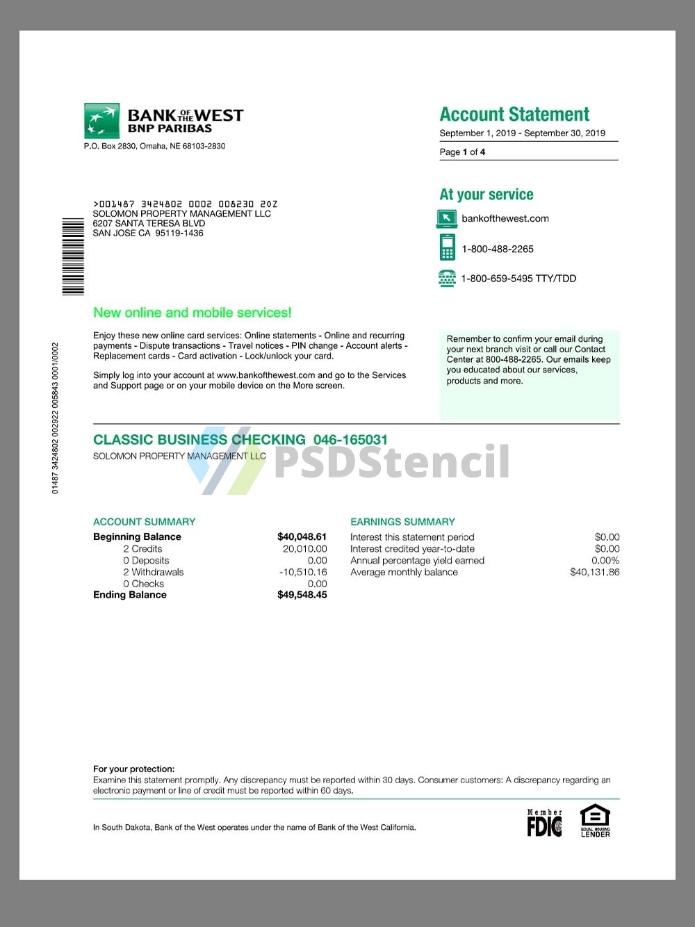 USA Bank of the West Statement美国西部银行账单/KYC地址证明pdf模板-九流网络