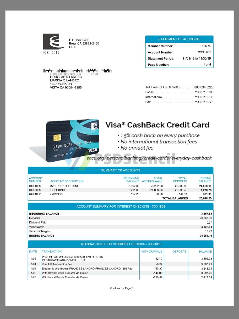 USA Energy Capital Credit Union Statement美国德州银行账单pdf模板-九流网络
