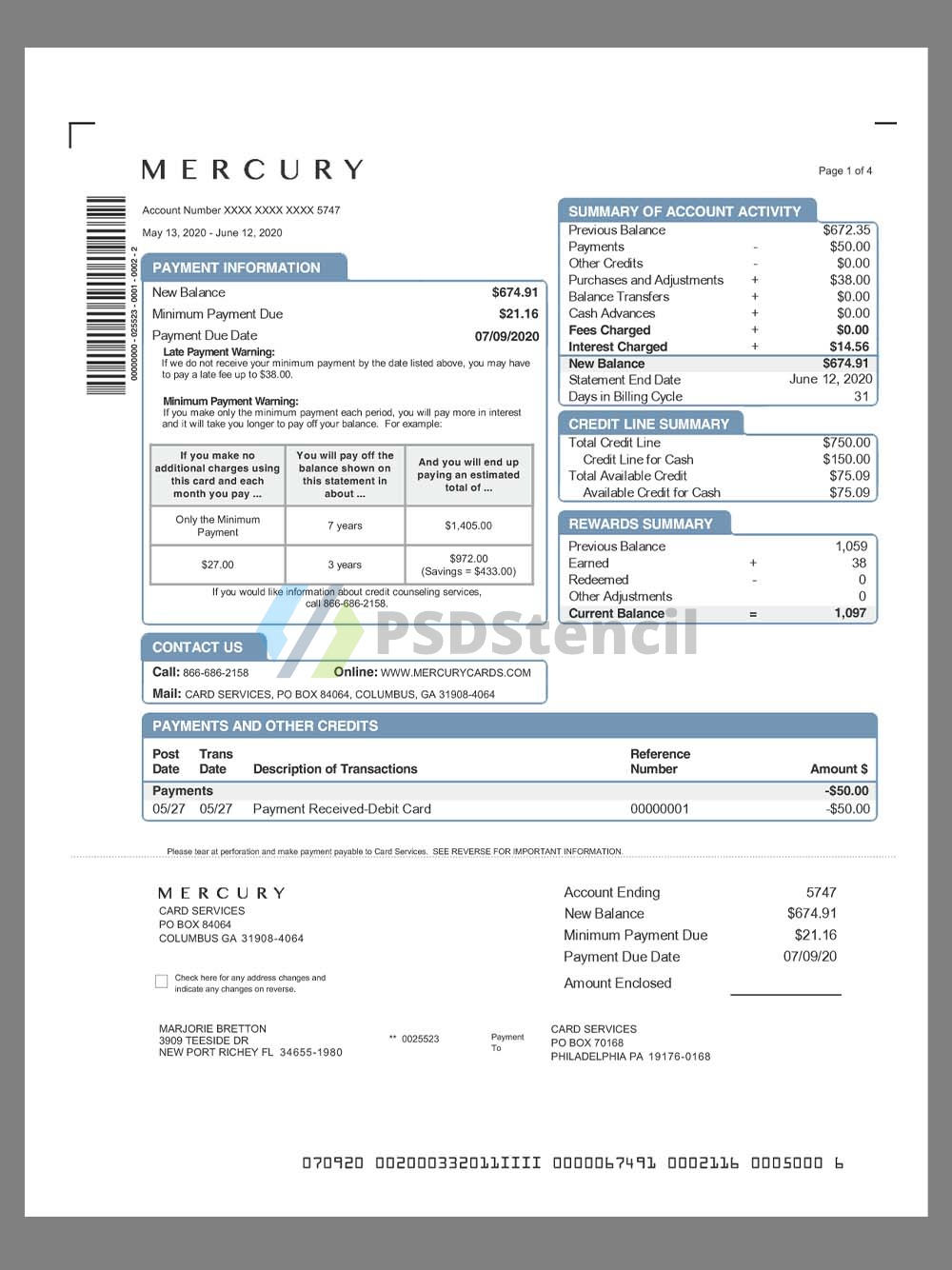 USA Mercury Cards Statement美国水星银行账单pdf模板(V1) | 九流网络-九流网络