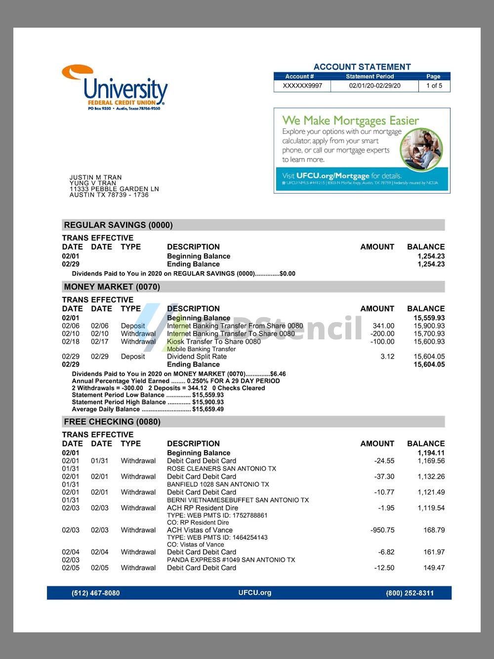USA Texas UFCU Bank Statement美国得克萨斯州银行账单pdf模板 | 九流网络-九流网络