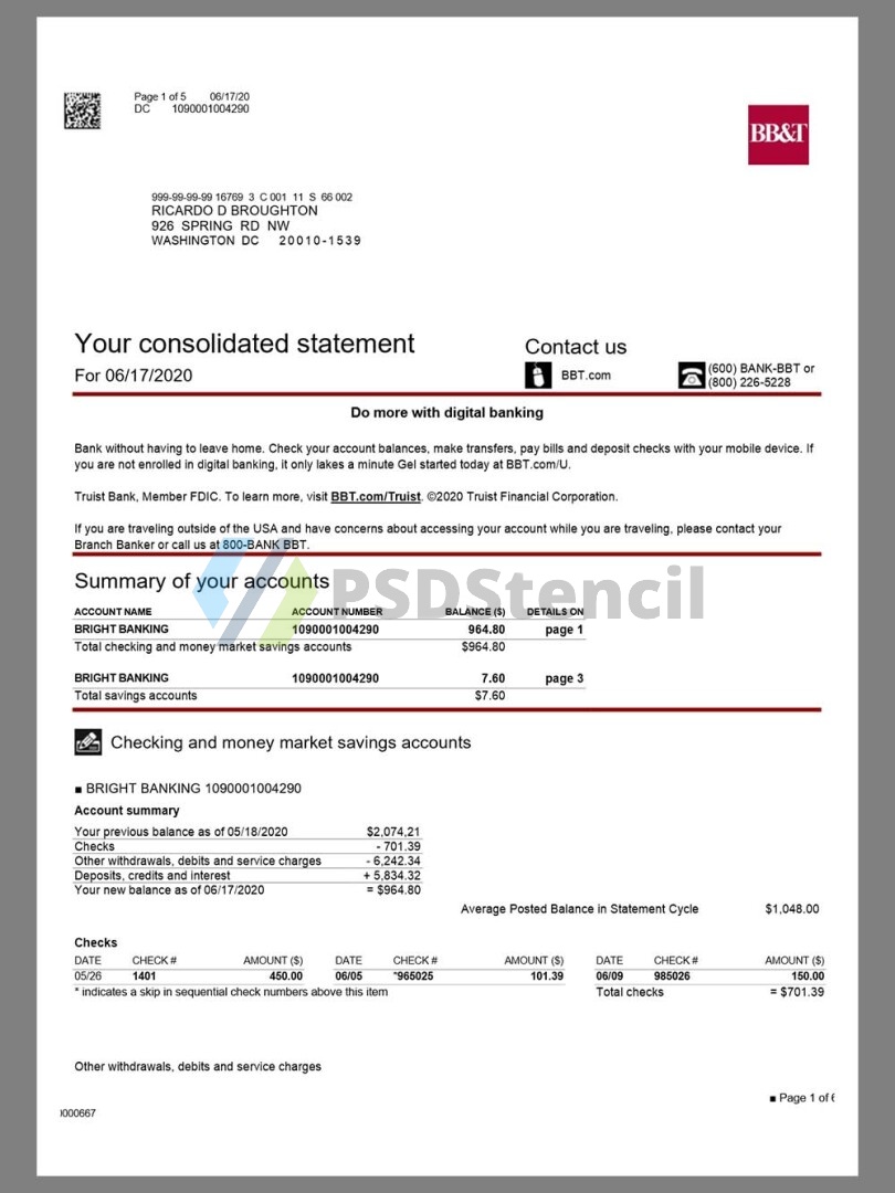 USA美国|加拿大 BB&T Bank Statement银行账单/KYC地址证明word模板 | 九流网络-九流网络