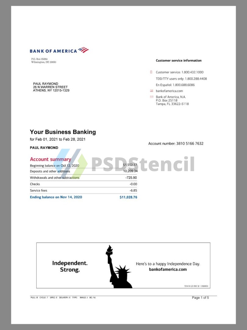 USA美国|加拿大 Bank Of America Statement V4银行账单/KYC地址证明word/pdf模板 | 九流网络-九流网络