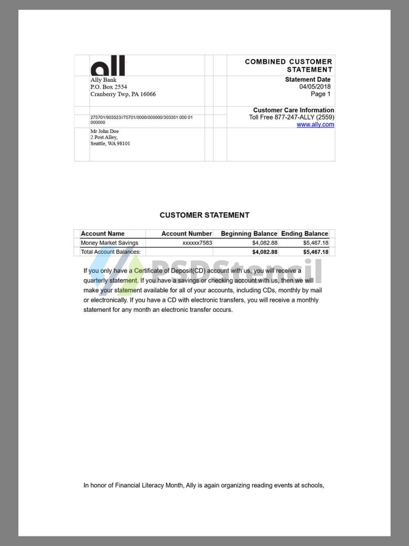 USA美国Ally Bank Statement银行账单/KYC地址证明psd模板-九流网络
