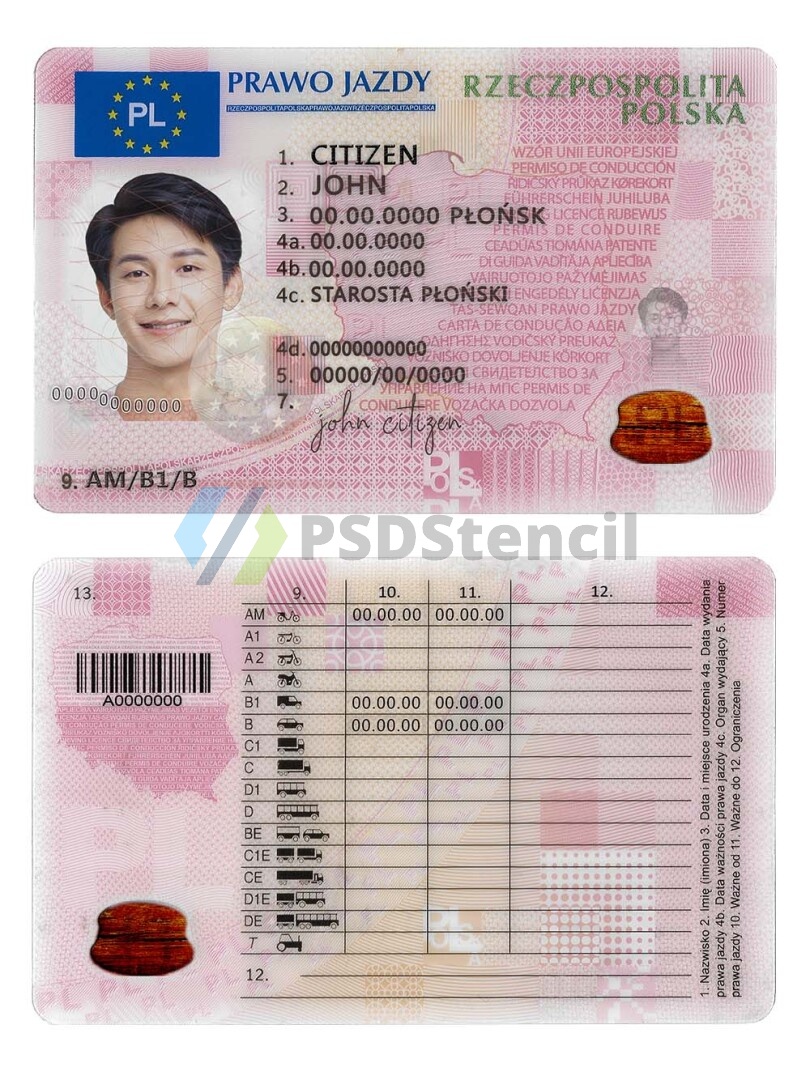 欧盟| Poland Driving Licence波兰驾照/驾驶证PSD模板(V2)-九流网络