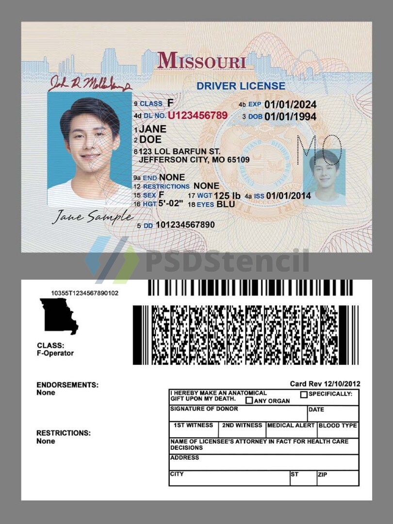 美国|Missouri DL密苏里州驾照/驾驶证PSD/Photoshop/PS模板(打印版)-九流网络