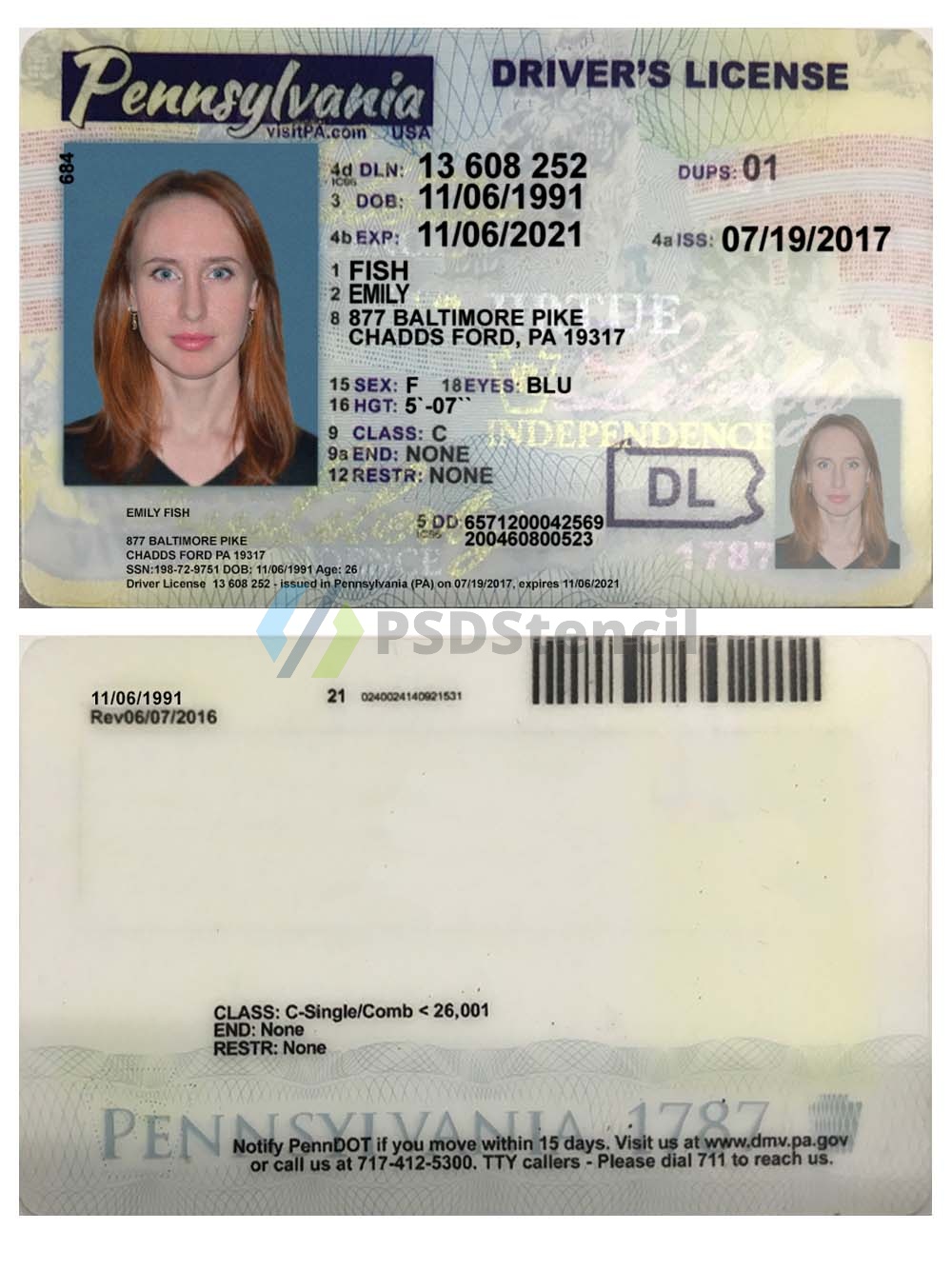 USA Pennsylvania Driver License美国宾夕法尼亚驾照/驾驶证PS/PSD模板（V2）-九流网络
