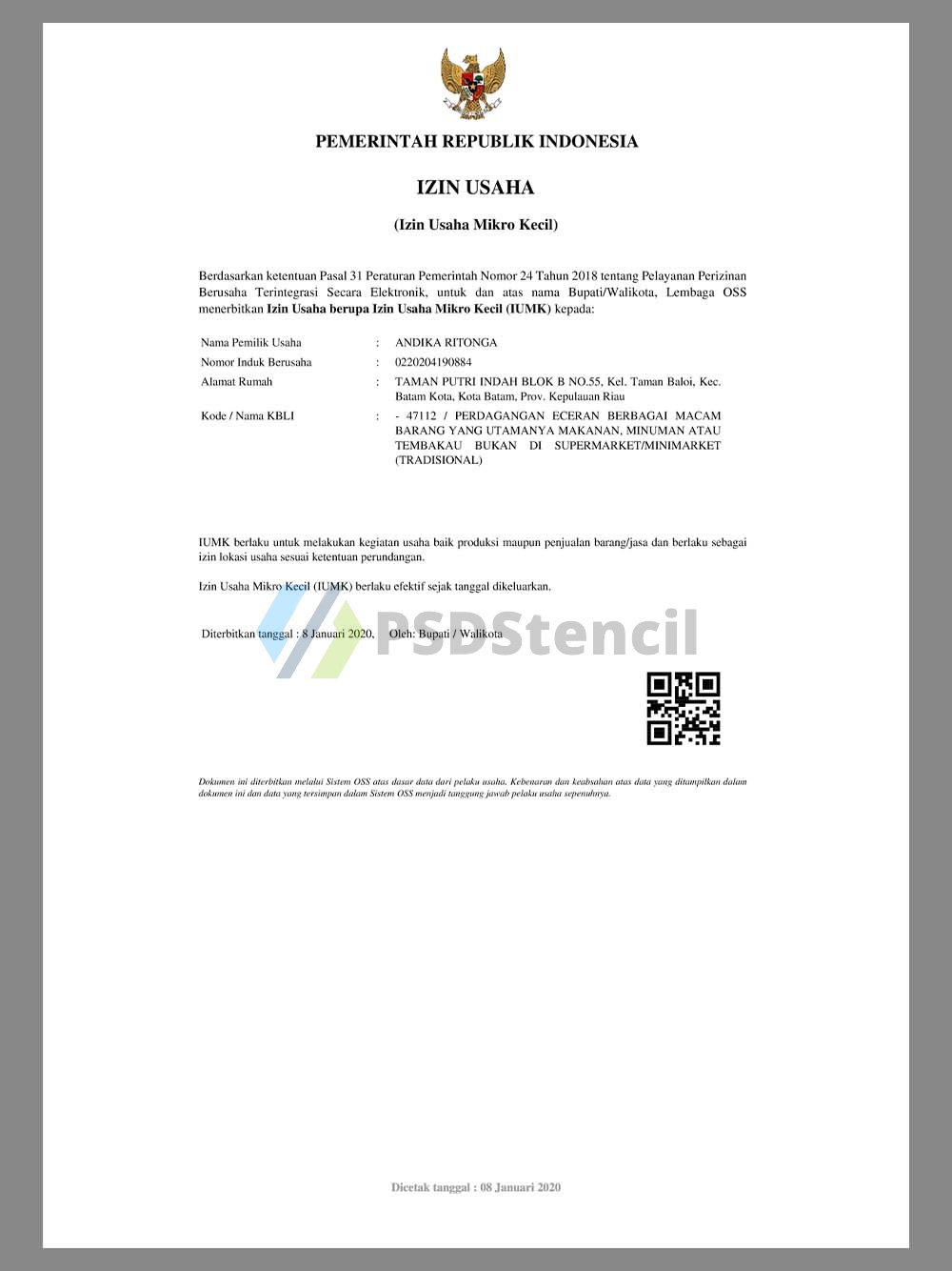 东南亚|Indonesia Micro Company Certificate印度尼西亚小微企业营业执照PDF模板-九流网络