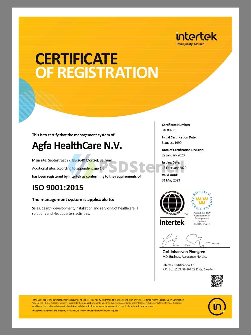 Intertek Certificate of Registration(ISO 9001)英特泰克认证质量管理体系认证证书pdf模板-九流网络